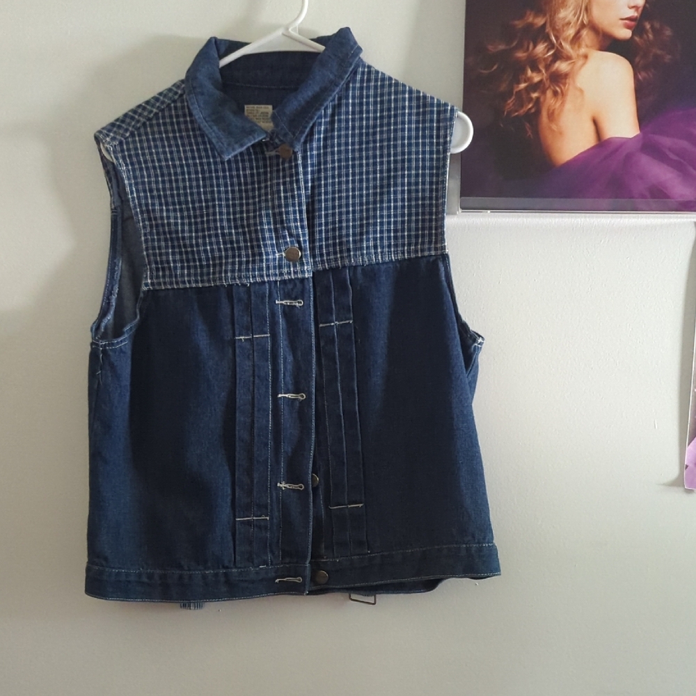 Industrial Workwear Vintage Denim Vest Plaid Details Size Small
